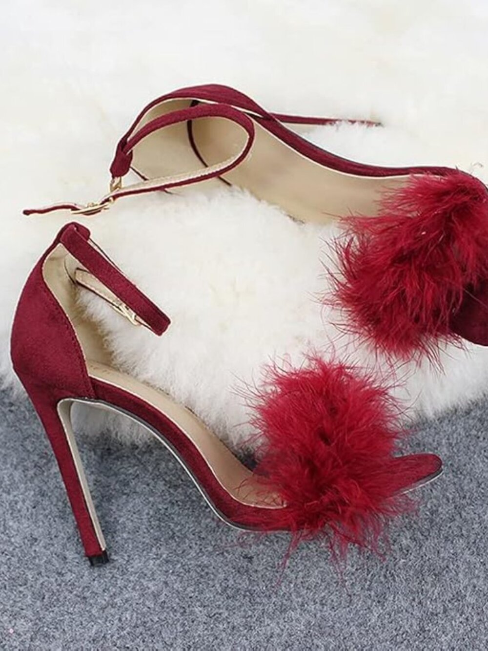 Fluffy Feather Open Toe Stilettos